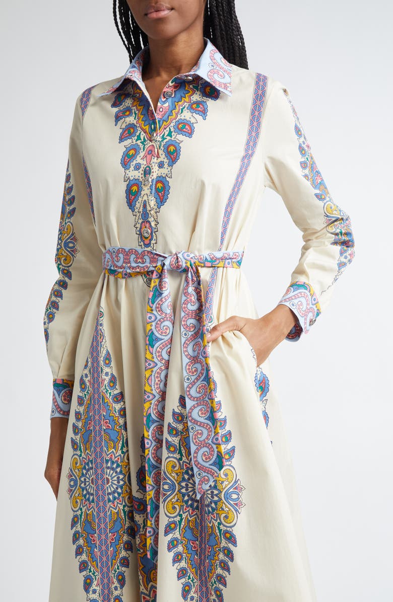 Etro Paisley Print Long Sleeve Belted Stretch Cotton Shirtdress, Alternate, color, Stampa F.do Bianco