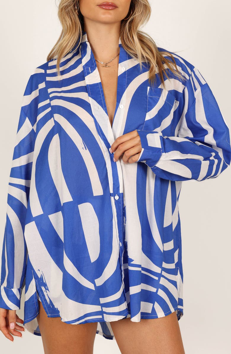 Petal & Pup Heather Print Oversized Cotton Button-Up Shirt, Alternate, color, Blue Print