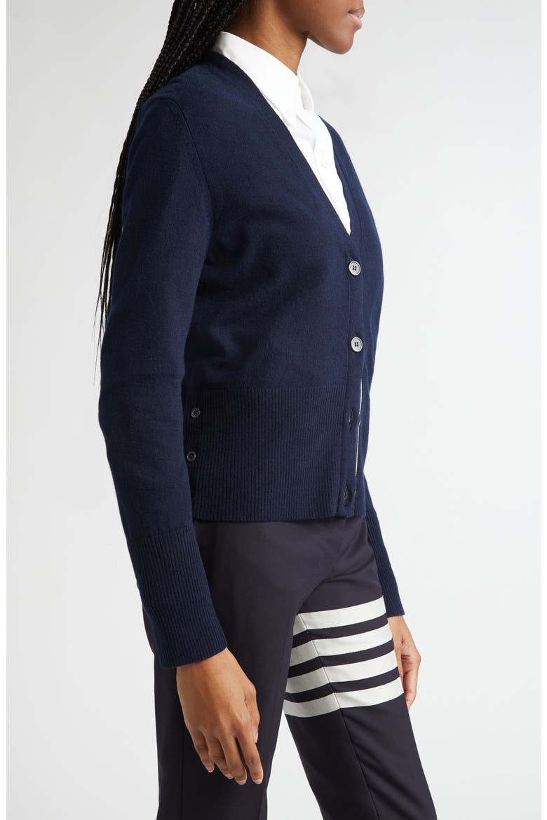 Holidays Classic 4-Bar Virgin Wool V-Neck Cardigan, Alternate, color, NAVY