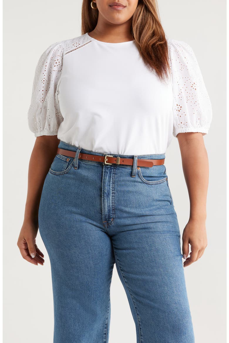 Eyelet Embroidered Puff Sleeve Top, Main, color, WHITE