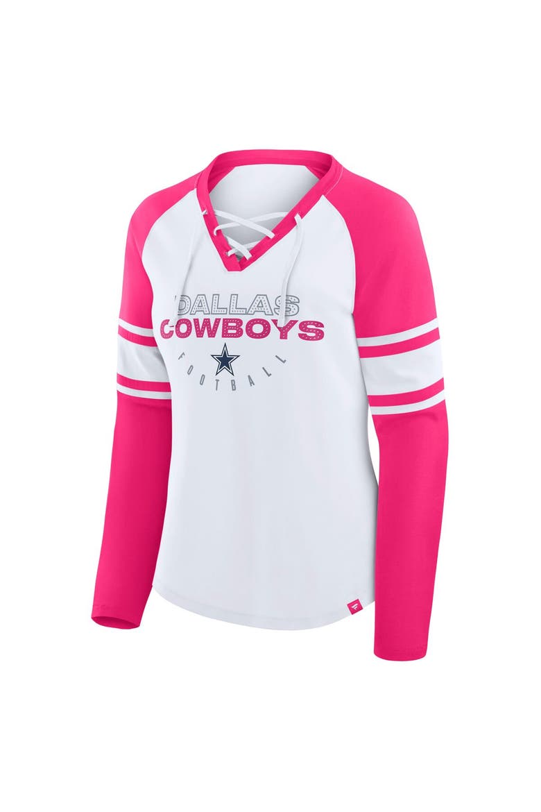 Women's Fanatics White/Pink Dallas Cowboys Redzone Rhinestone Bling Lace Up Long Sleeve T-shirt, Alternate, color, White