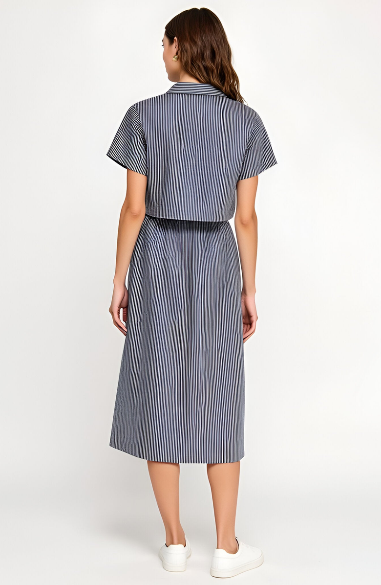 Modenaire Striped Cropped Button-Up Shirt and Midi Skirt Set with Short Sleeves, Alternate, color, Blue / White Stripes