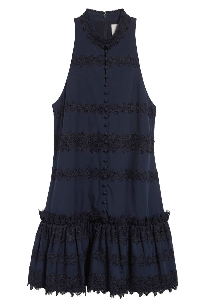 Malena Lace Detail Stretch Cotton Trapeze Minidress, Alternate, color, NAVY