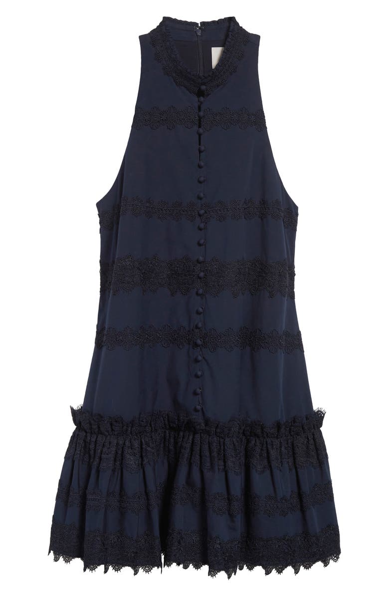 Cinq à Sept Malena Lace Detail Stretch Cotton Trapeze Minidress, Alternate, color, Navy