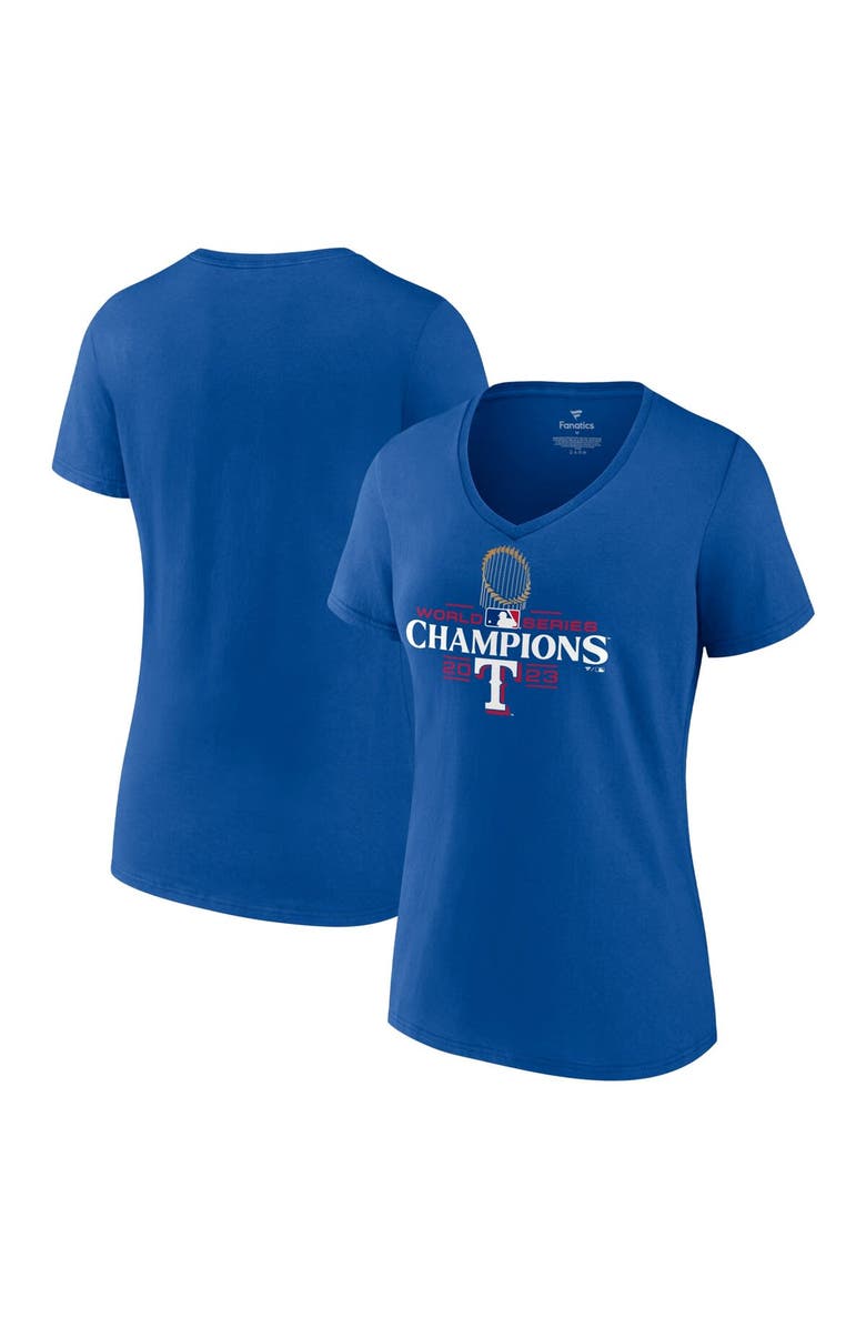 FANATICS Women's Fanatics Branded Royal Texas Rangers 2023 World Series Champions Plus Size Trophy Logo V-Neck T-Shirt, Main, color, 