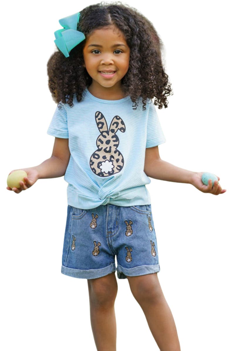 Mia Belle Girls Girls Stripes and Spots Bunny Denim Shorts Set, Main, color, Blue