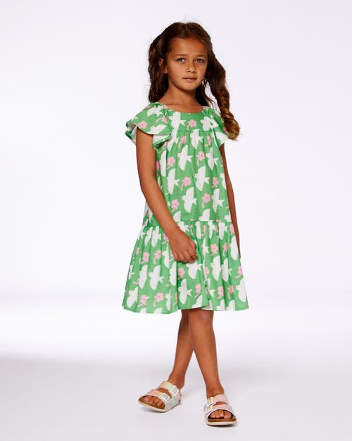 Deux Par Deux Little Girl's Printed Dress With Flounce Sleeves Green With White And Pink Bird In Green With White And Pink Bird