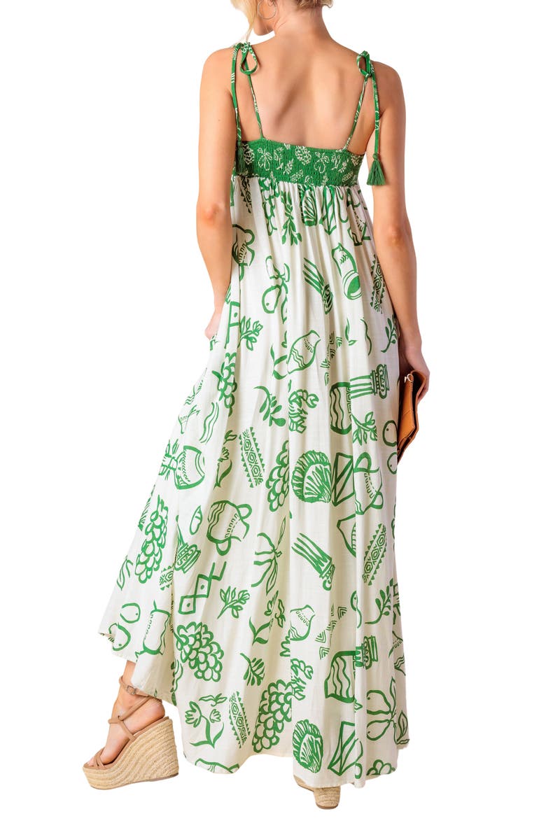 FLYING TOMATO Shoulder Tie Print Maxi Dress, Alternate, color, Ivory Green