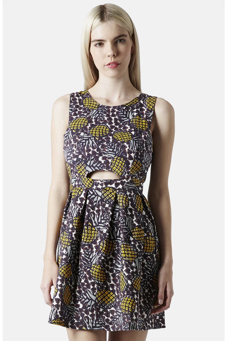 Pineapple Print Cutout Fit & Flare Dress, Main, color, YELLOW MULTI