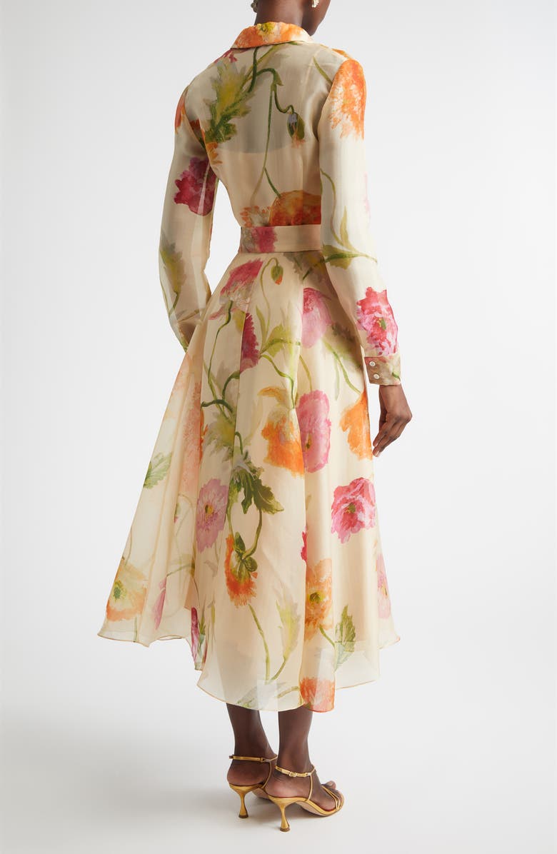 Carolina Herrera Poppy Print Belted Long Sleeve Silk Organza Shirtdress, Alternate, color, Almond Multi
