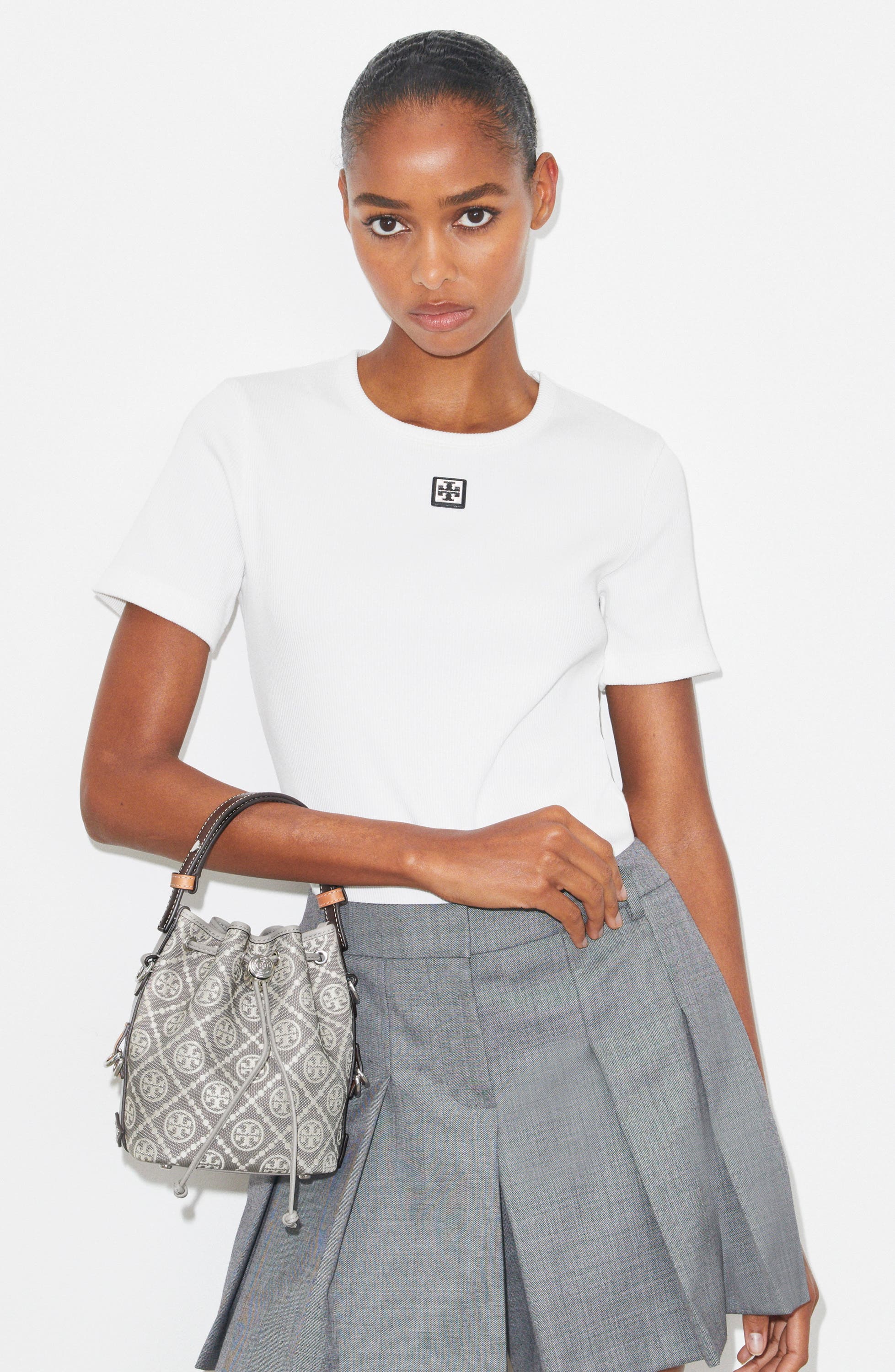 Mini T Monogram Jacquard Utility Bucket Bag, Alternate, color, GRAY