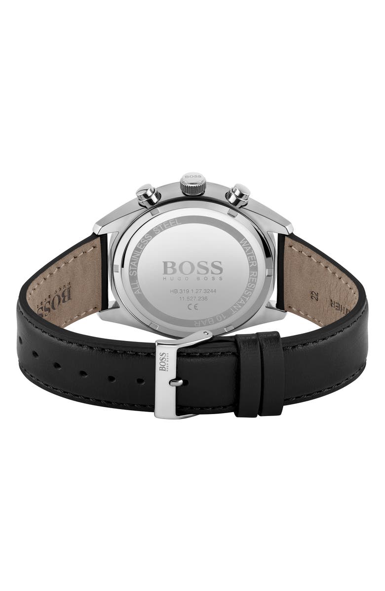 BOSS Champion Chronograph Leather Strap Watch, 44mm, Alternate, color, Black