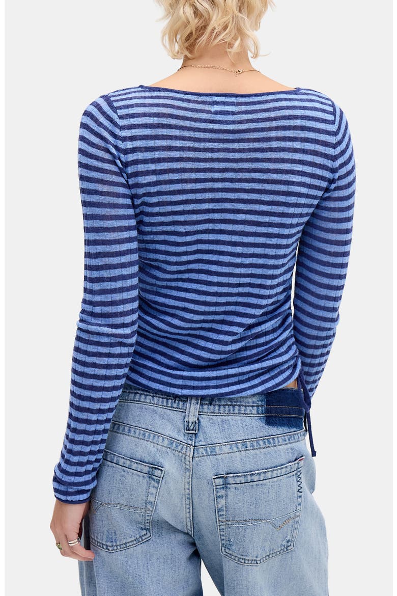 Stripe Side Ruched Sheer Knit Top, Alternate, color, BLUE