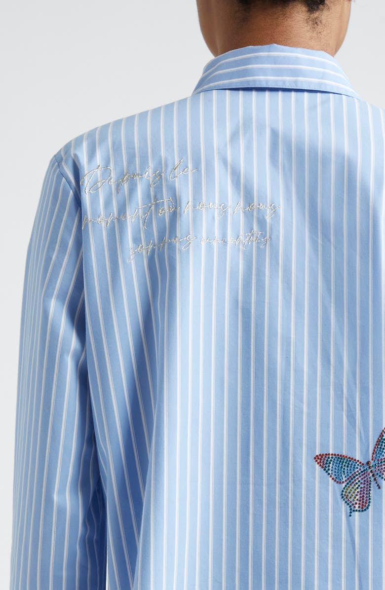 Cinq à Sept Lisa Beaded Butterfly Stripe Cotton Blend Button-Up Shirt, Alternate, color, French Blue/ White