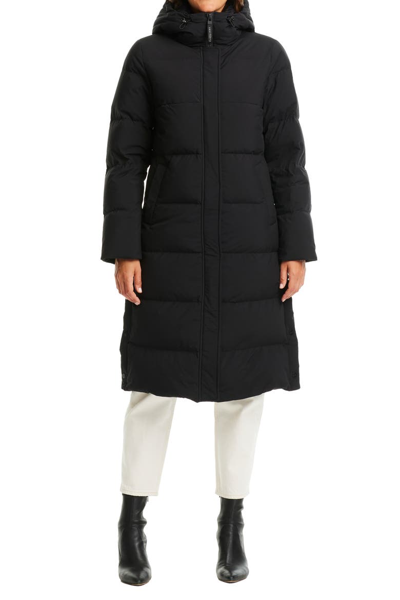Water Resistant 700 Fill Power Down Hooded Long Coat, Main, color, BLACK