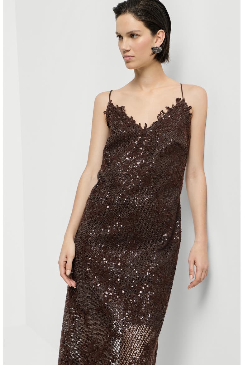 Dazzling lace embroidery dress in sparkling mohair and wool, Alternate, color, Brown Gianduia