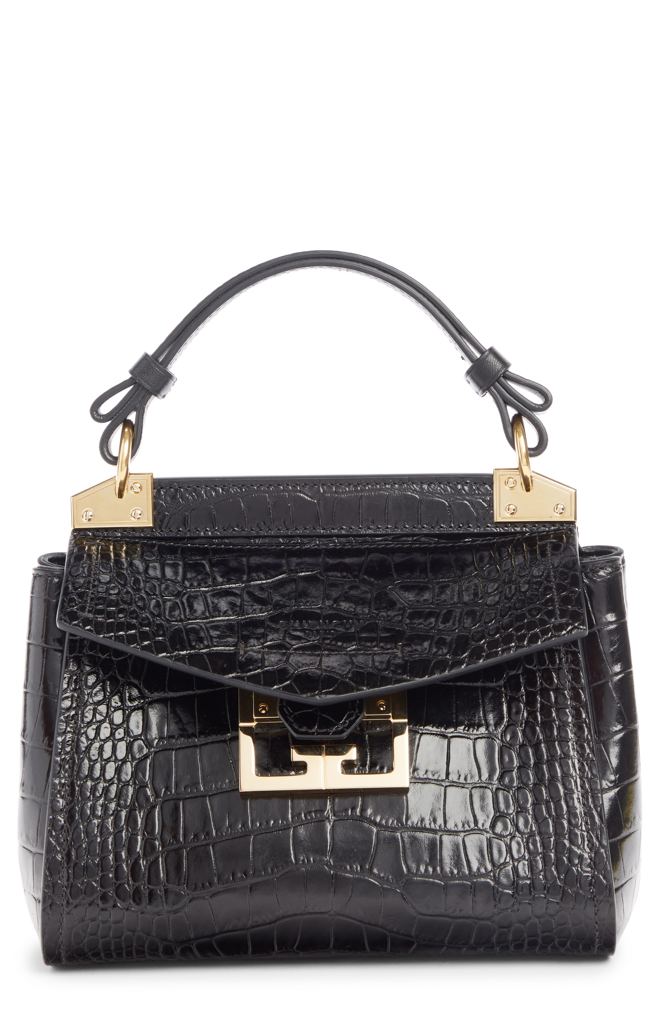 Mini Mystic Croc Embossed Leather Satchel, Main, color, BLACK