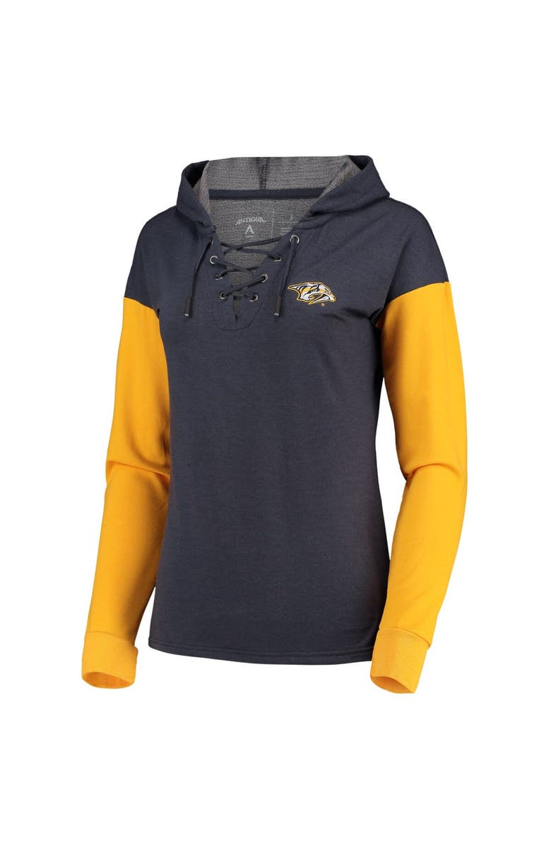 ANTIGUA Women's Antigua Heathered Navy/Gold Nashville Predators Amaze Lace-Up Hoodie Tri-Blend Long Sleeve T-Shirt, Alternate, color, 