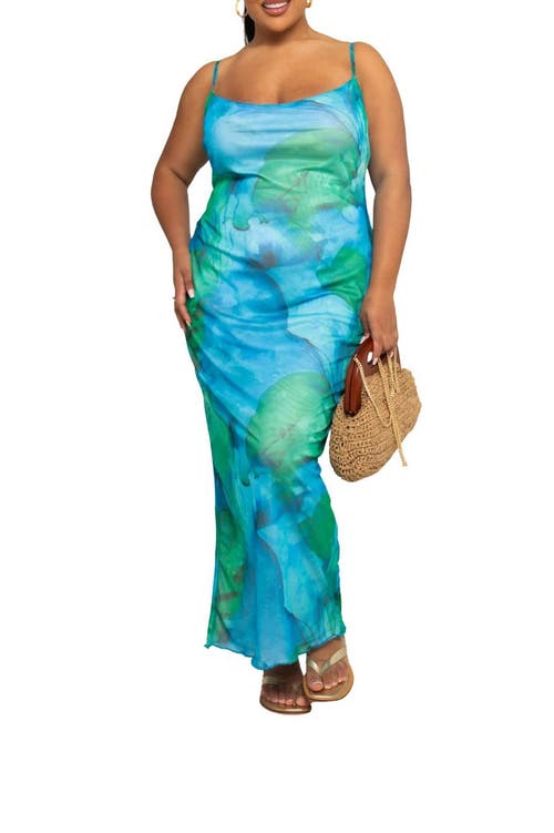 Fashion-szn Curve Curve Strappy Abstract Print Maxi Dress In Blue