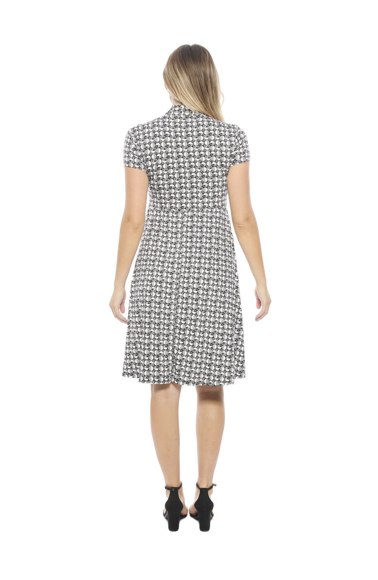 24seven Comfort Apparel Womens Geometric V-Neck Short Sleeve Faux Wrap Knee Length A-Line Dress, Alternate, color, Black Multi