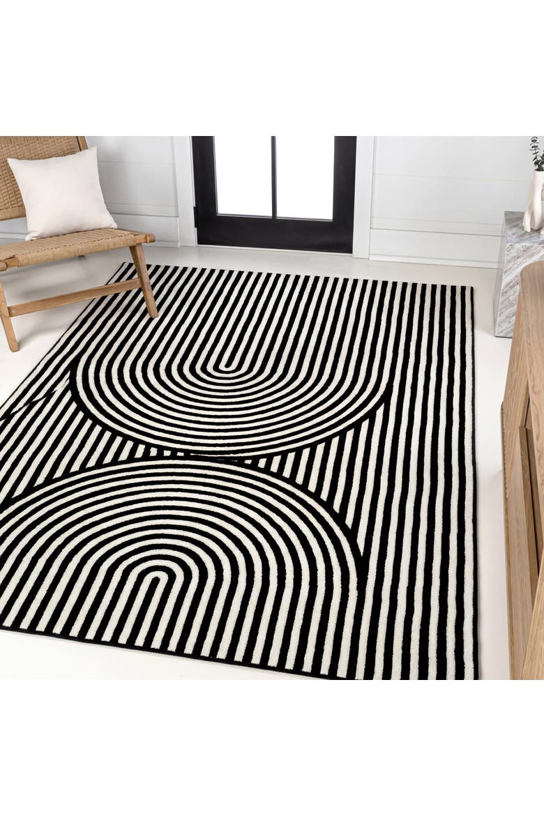 Sofia High-Low MidCentury Modern Arch Stripe Two-Tone Indoor/Outdoor Area Rug, Alternate, color, Black/White