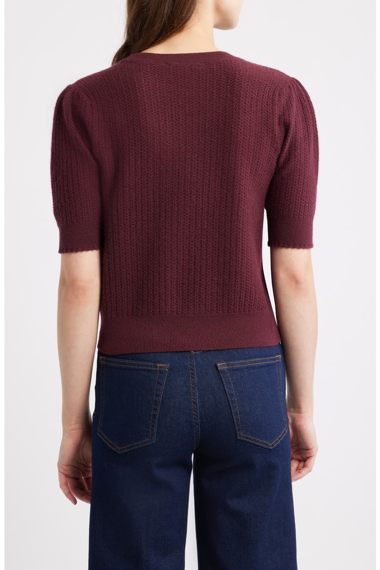 The Ladder Pointelle Short Sleeve Cashmere Sweater, Alternate, color, CABERNET