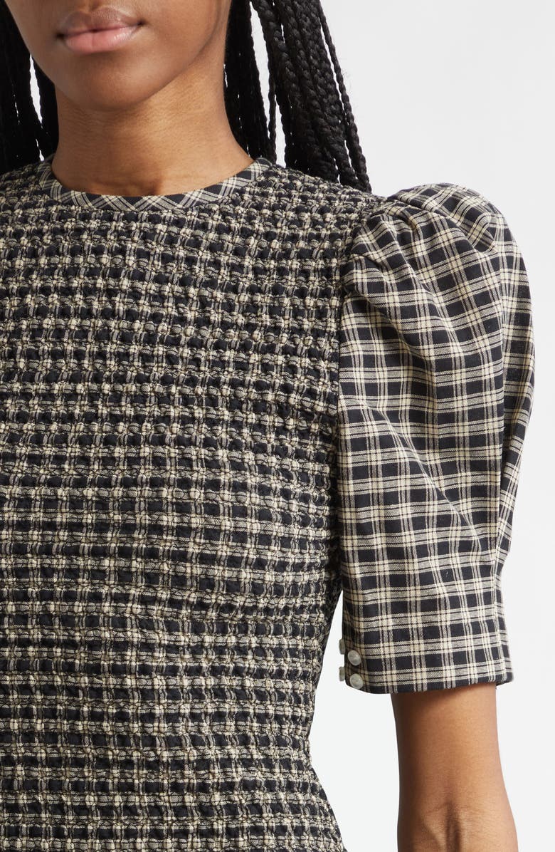 Tanner Fletcher Gender Inclusive Imelda Smocked Plaid Midi Dress, Alternate, color, Black