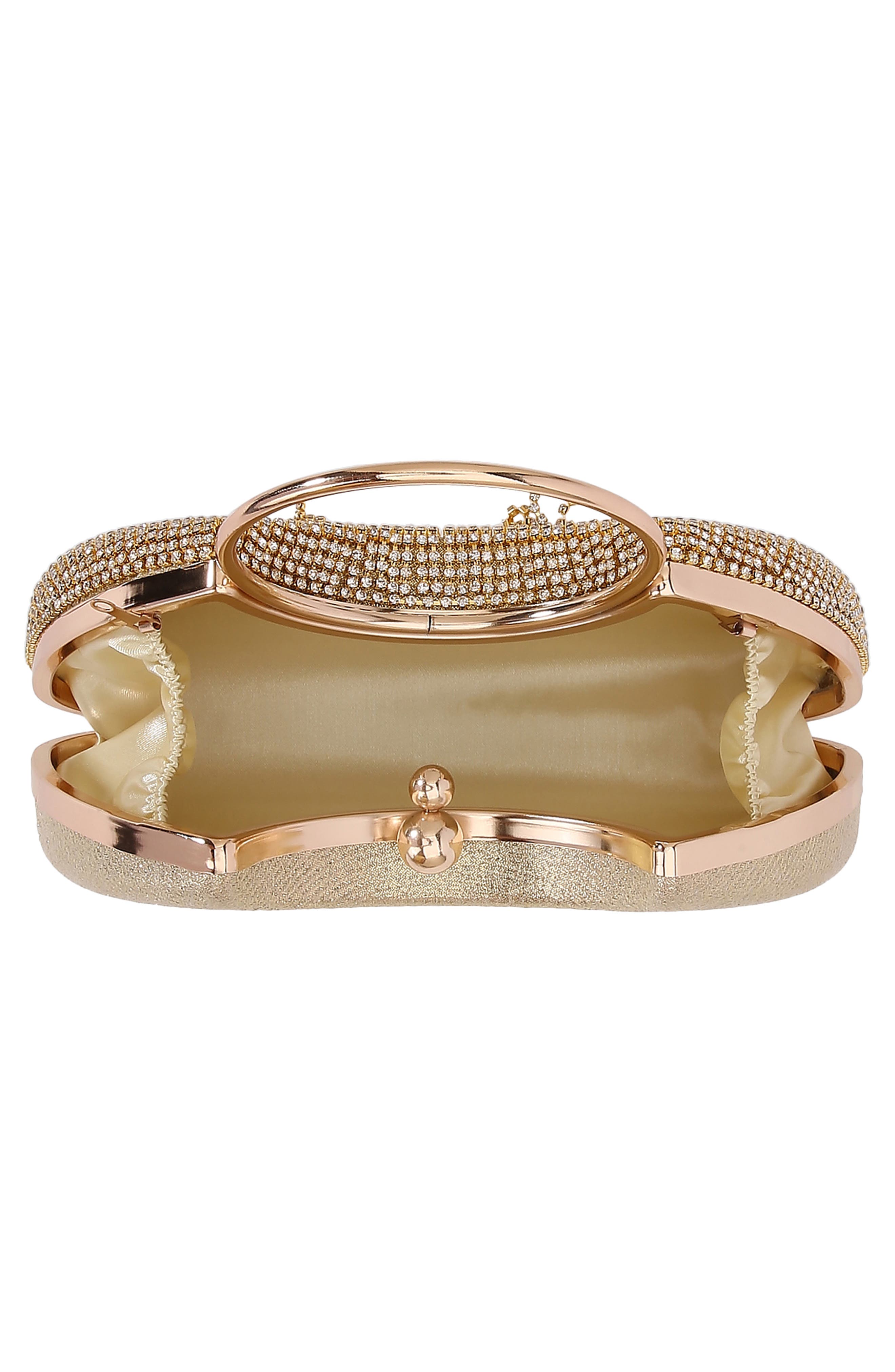 Circle Handle Rhinestone Fringe Clutch, Alternate, color, GOLD