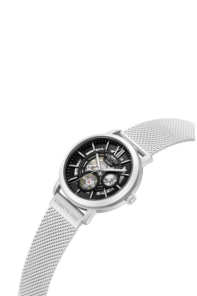 Pacific Skeleton Dial Automatic Mesh Strap Watch, 43.6mm, Alternate, color, SILVER