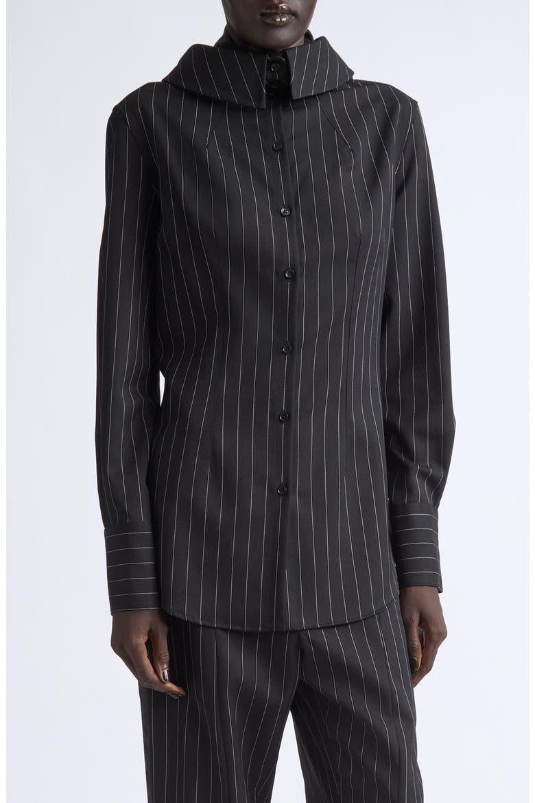 Pinstripe Wool Button-Up Hoodie Shirt, Alternate, color, BLACK/ WHITE