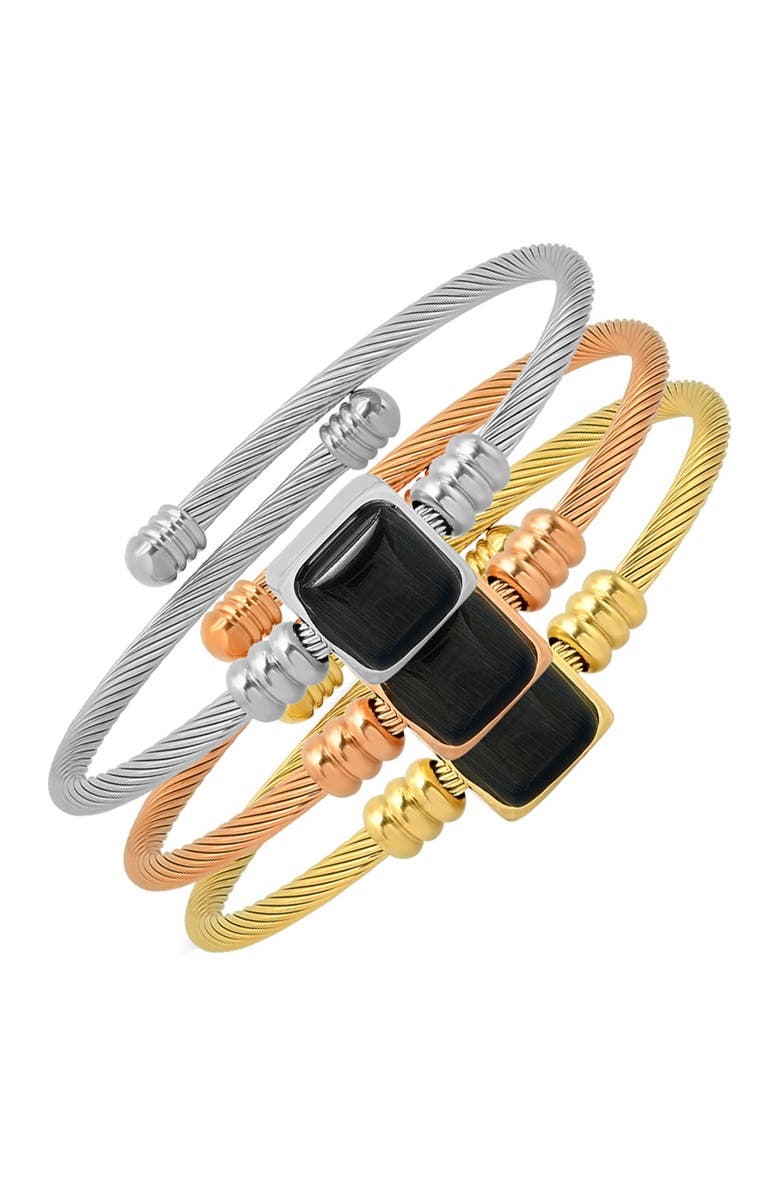 HMY JEWELRY Tri-Tone Stainless Steel Simulated Onyx Beaded Cable Bangle Bracelet Set, Main, color, Tri Tone