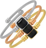 HMY JEWELRY Tri-Tone Stainless Steel Simulated Onyx Beaded Cable Bangle Bracelet Set