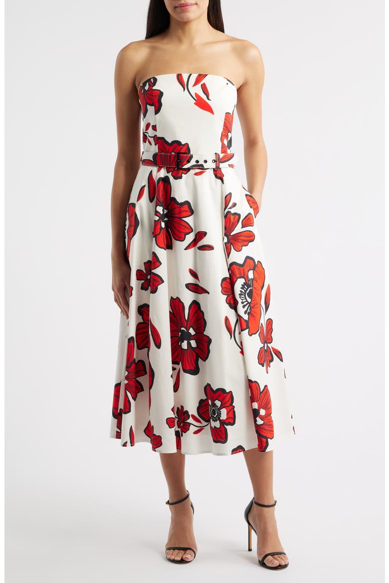 Strapless Belted Stretch Cotton Dress, Main, color, RED/ WHITE