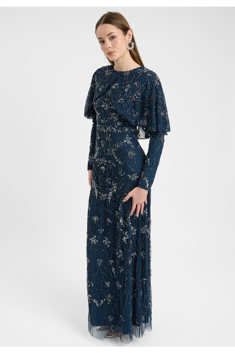 Modest Embellished Sequin Beaded Dress Maxi With Attacehd Cape, Alternate, color, NAVY