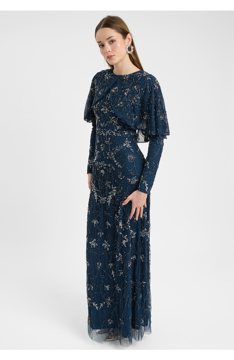 MARYISA Modest Embellished Sequin Beaded Dress Maxi With Attacehd Cape, Alternate, color, Navy