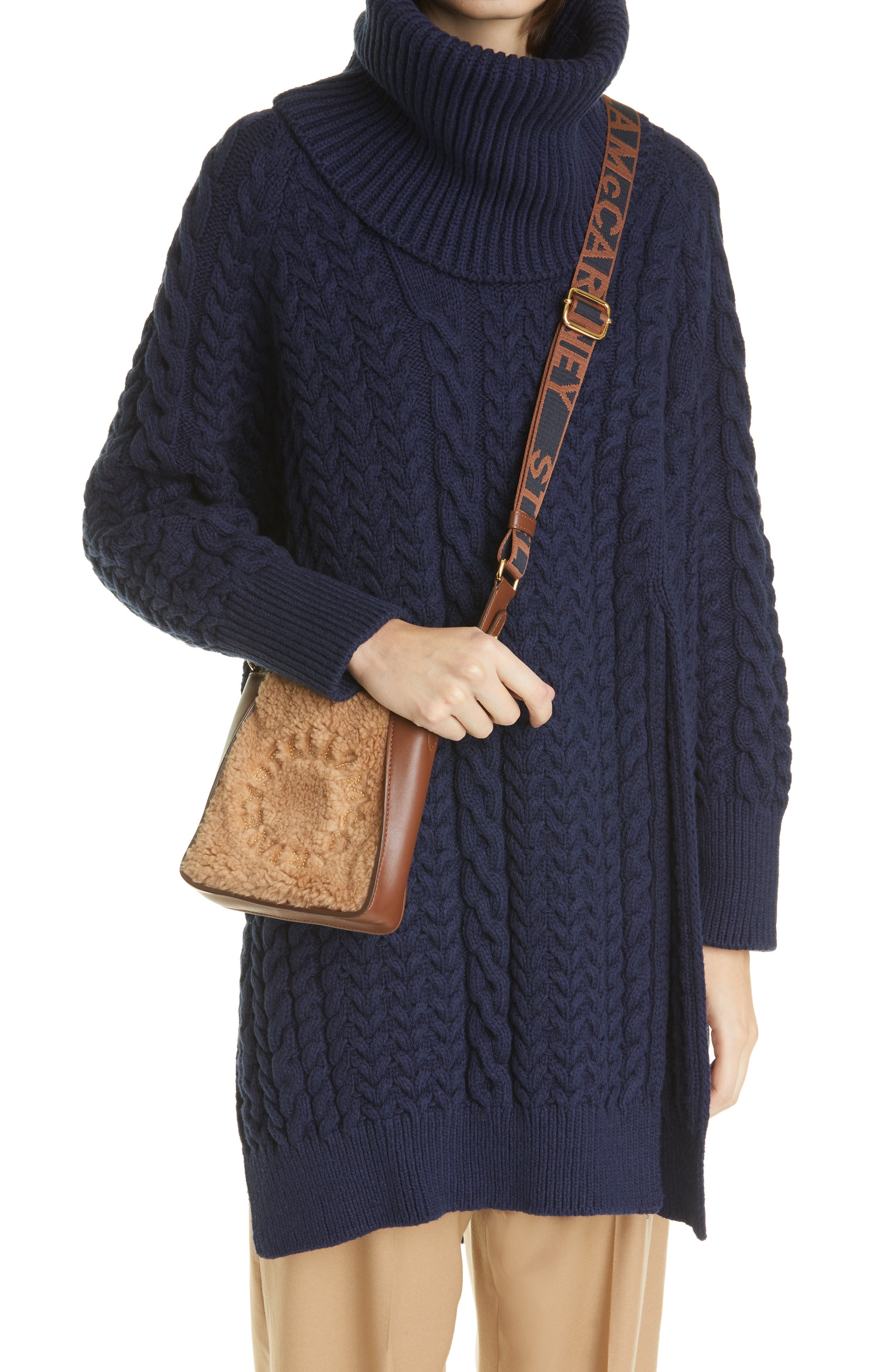 Stella McCartney Mini Faux Shearling & Faux Leather Crossbody Bag, Alternate, color, 