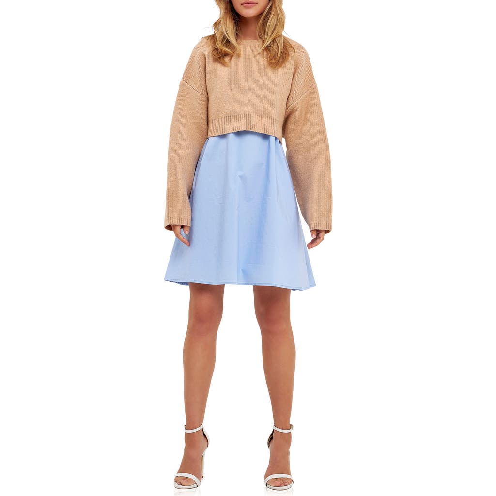 English Factory Sweater With Poplin Minidress In Tan/powder Blue