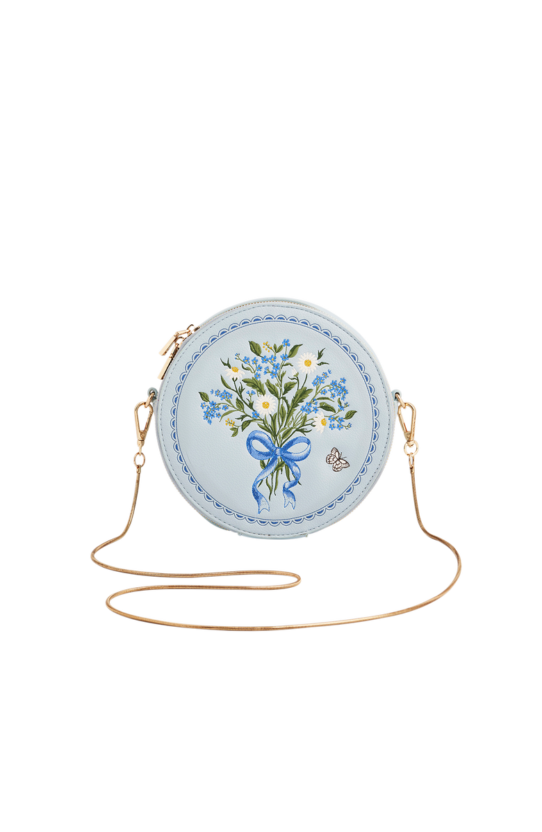 Fable England Isabel Floral Bow Embroidered Circle Purse, Main, color, Light/Pastel Blue