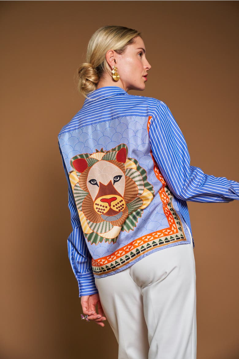 Striped Blouse With Printed Silk Back, Alternate, color, Blue / Multicolour