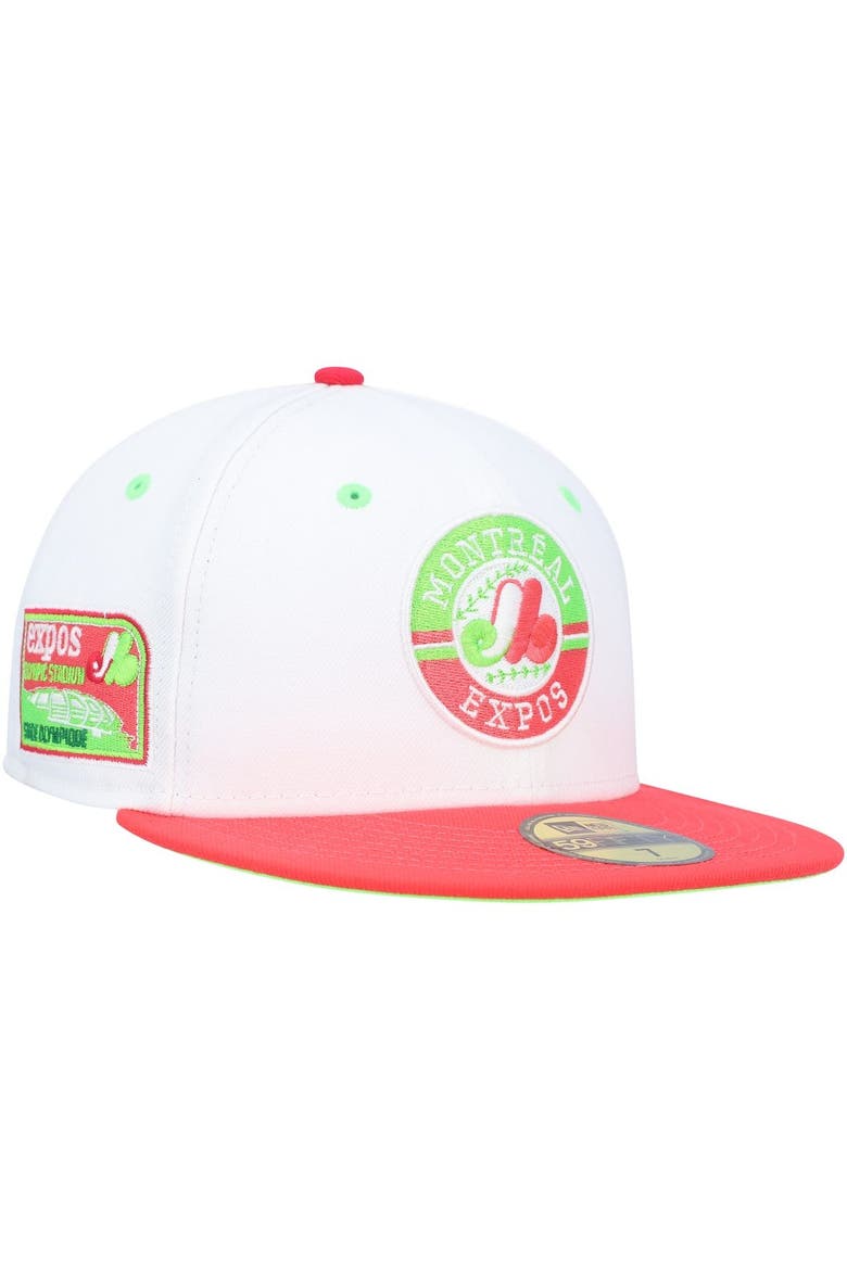 Men's New Era White/Coral Montreal Expos  Olympic Stadium Strawberry Lolli 59FIFTY Fitted Hat, Alternate, color, White