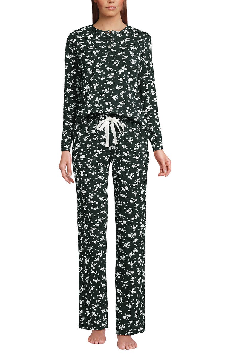 Lands' End Knit 2 Piece Pajama Set - Long Sleeve Top and Pants, Main, color, Forest/Ivory Ditsy Floral