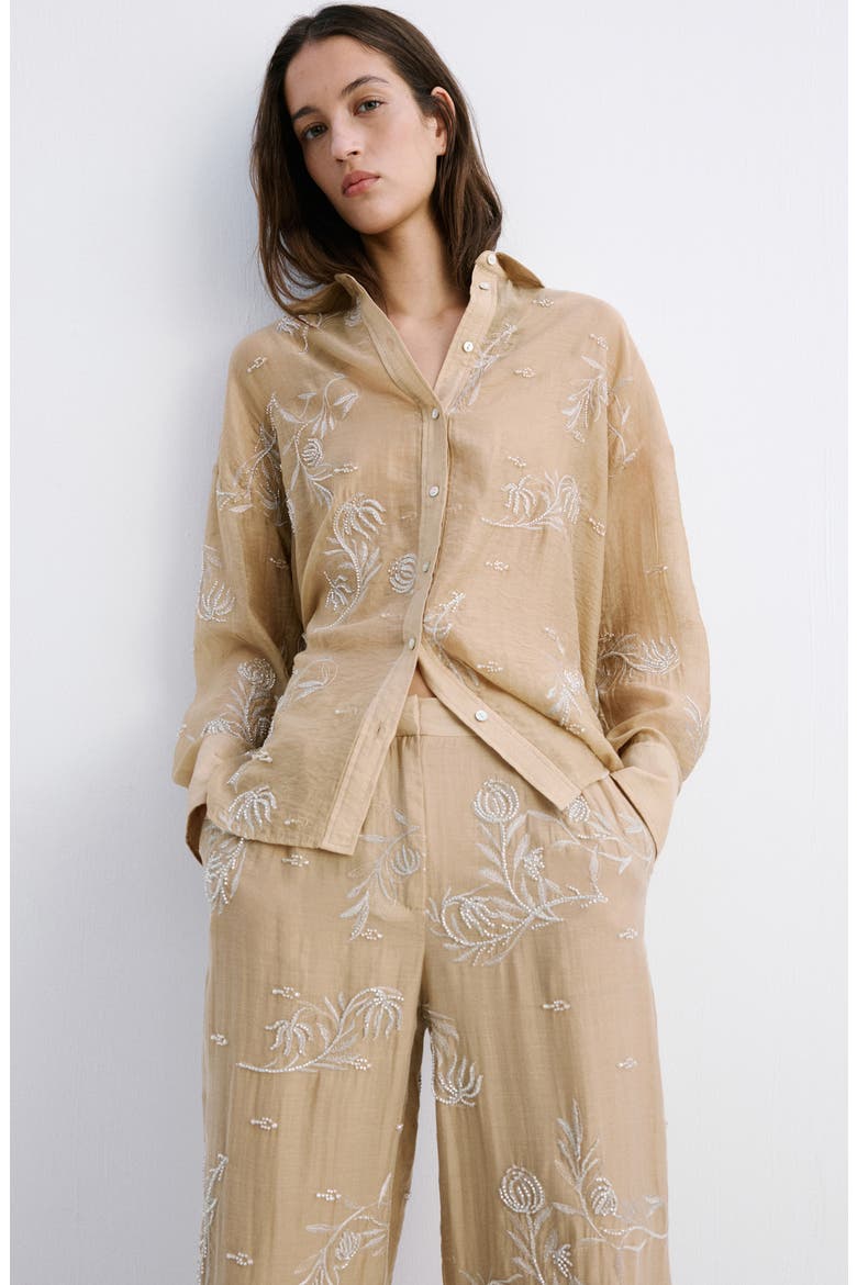 Beaded Floral Embroidered High Rise Pants, Alternate, color, BEIGE