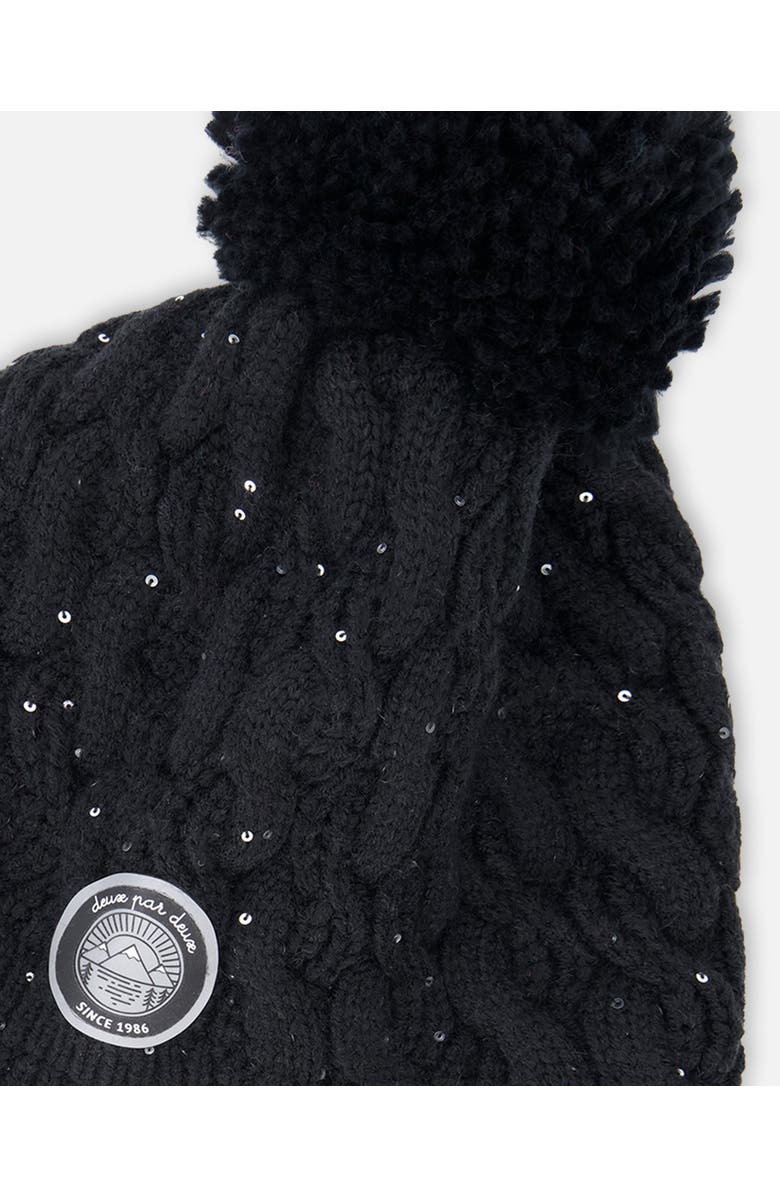 Deux par Deux Winter Peruvian Knit Hat with Pompom and Lining, Alternate, color, Black