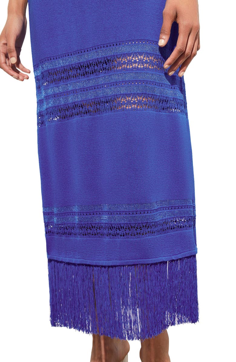 Ming Wang Fringe Hem Pointelle Maxi Sweater Dress, Alternate, color, Sapphire Sea