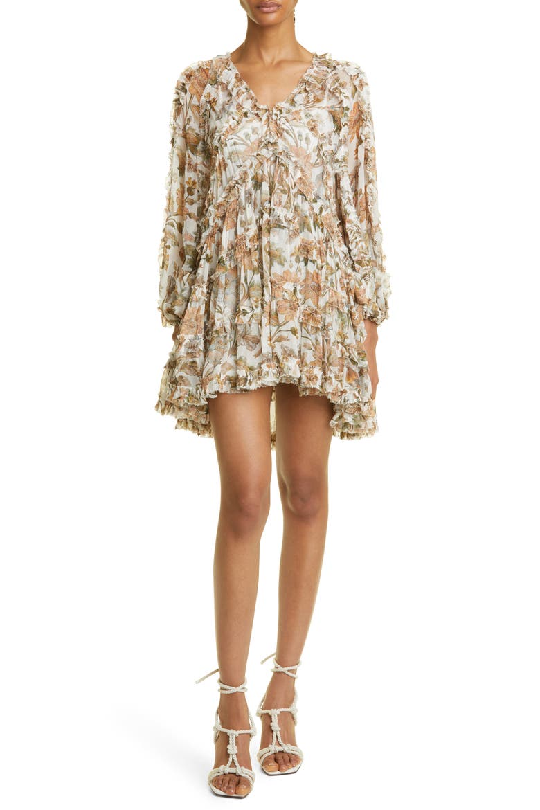 Floral Billow Frill Chintz Minidress, Main, color, IVORY DAISY FLORAL