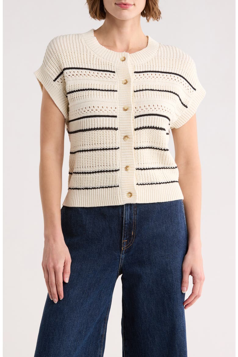 Stripe Knit Button Front Top, Main, color, CREAM