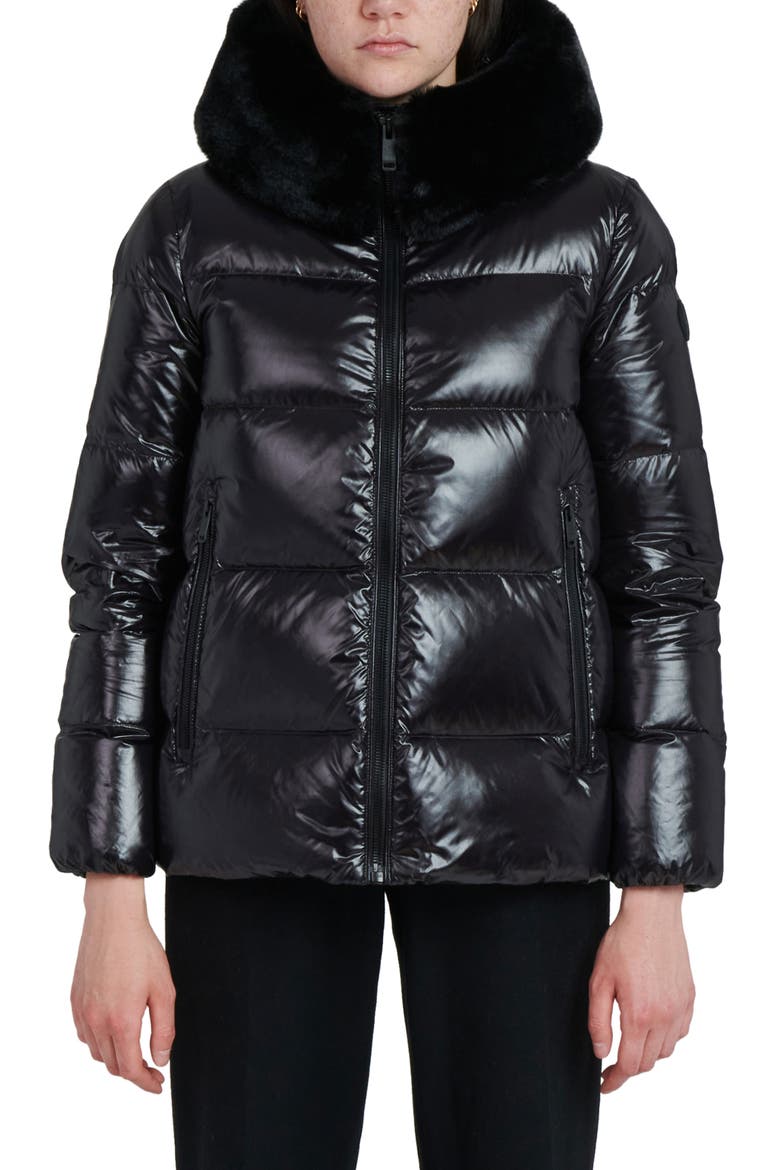 Water Resistant Nylon Down Puffer Coat with Faux Fur Trim, Main, color, BLACK