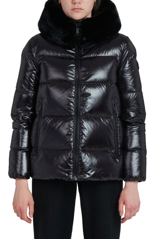 The Recycled Planet Company Water Resistant Nylon Down Puffer Coat with Faux Fur Trim in Black  product