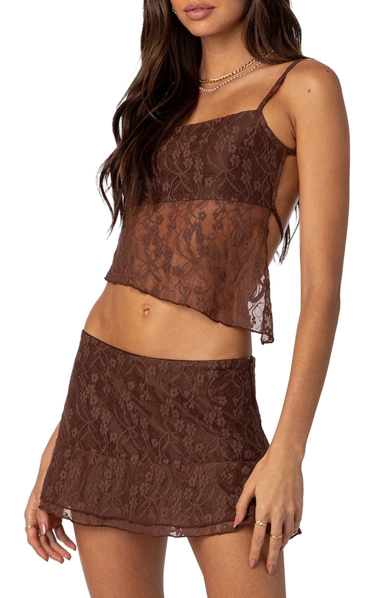 EDIKTED Lyra Open Back Lace Camisole, Alternate, color, Brown