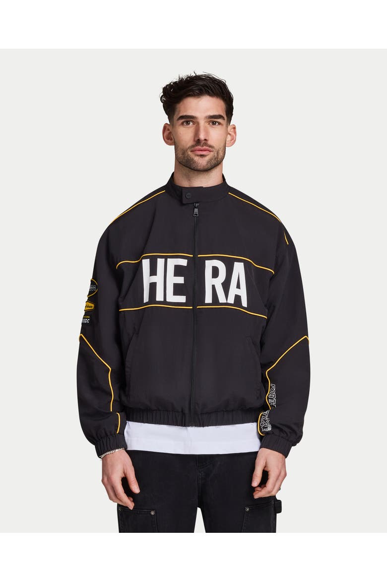 Funnel Neck Racing Track Jacket, Main, color, Black